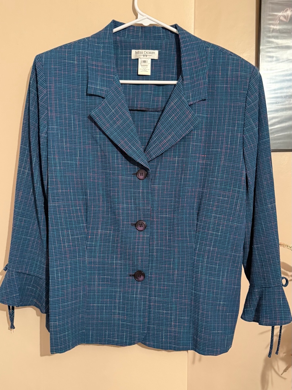 Teal Plaid Button-Front Women's Blazer Jacket Vintage